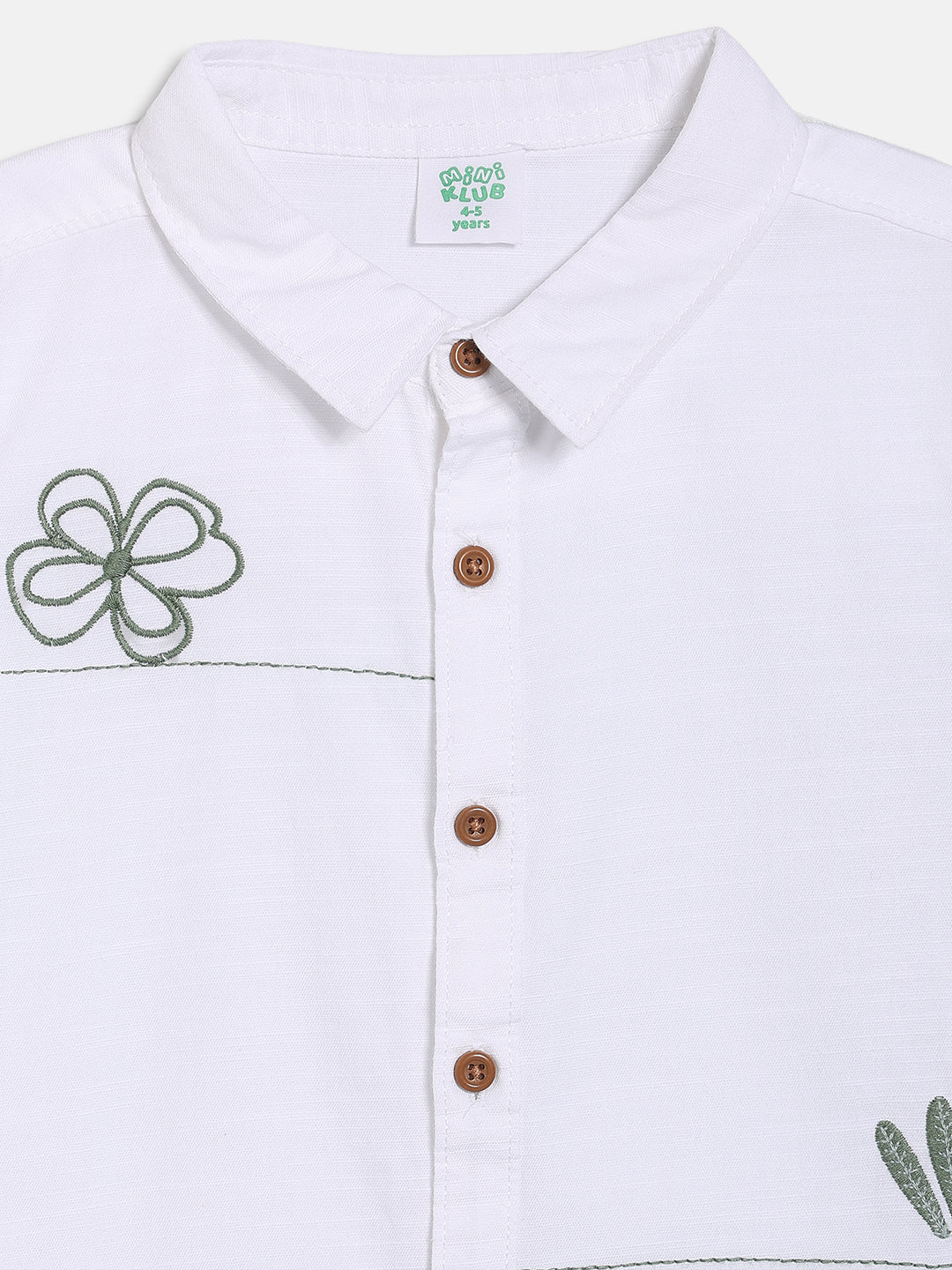 Kids Boys Embroidered Shirt, White with Green Detailing