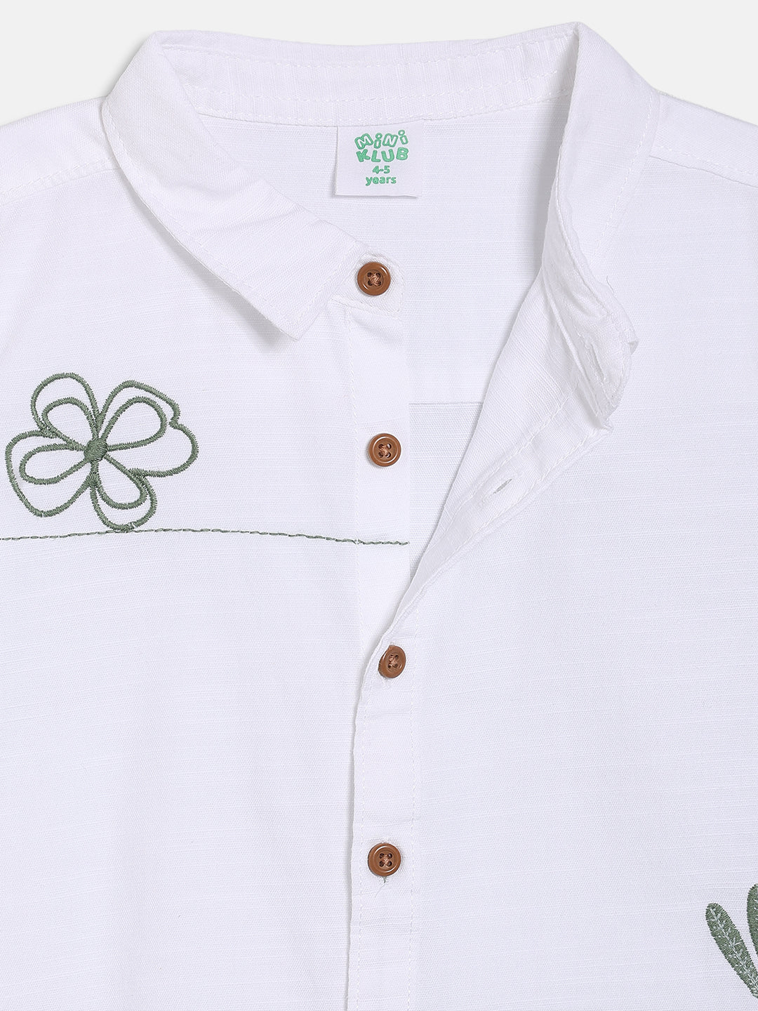 Kids Boys Embroidered Shirt, White with Green Detailing