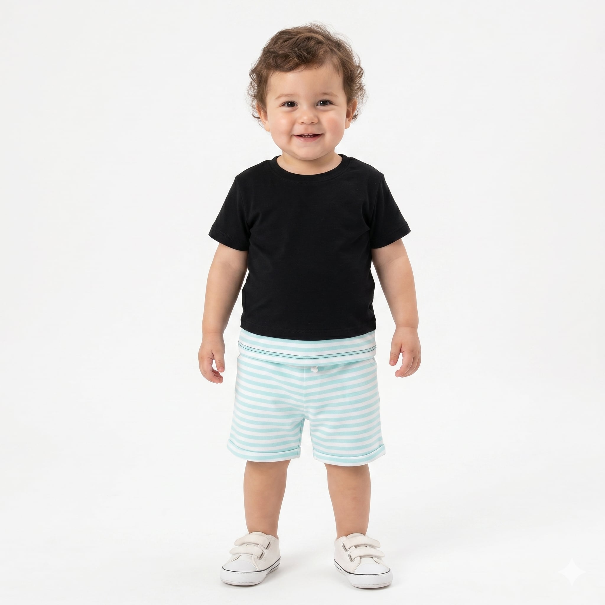 Boys Striped Cotton Shorts With Drawstring, Mint Green and White