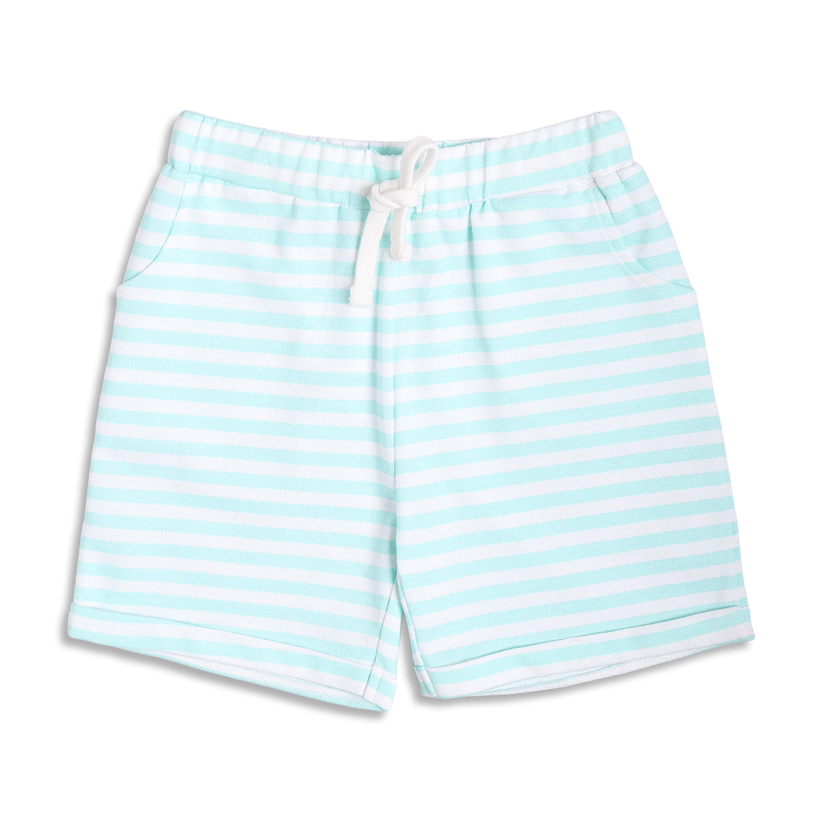 Boys Striped Cotton Shorts With Drawstring, Mint Green and White