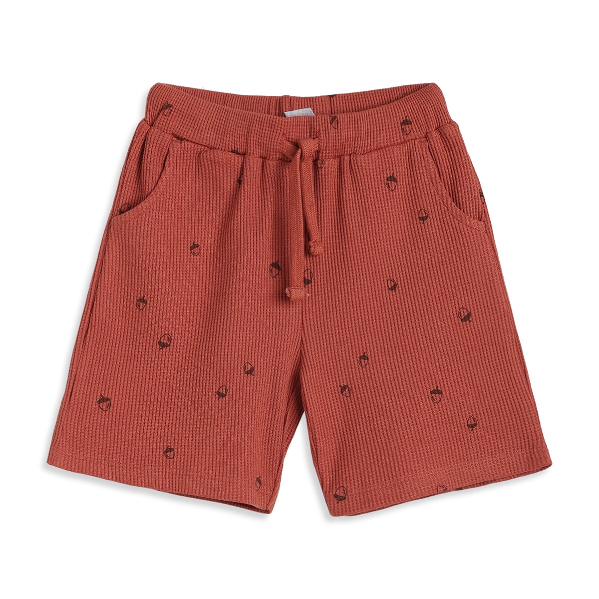 Baby Boys Rust Red Cotton Acorn Print Textured Shorts Regular Fit Casual Wear