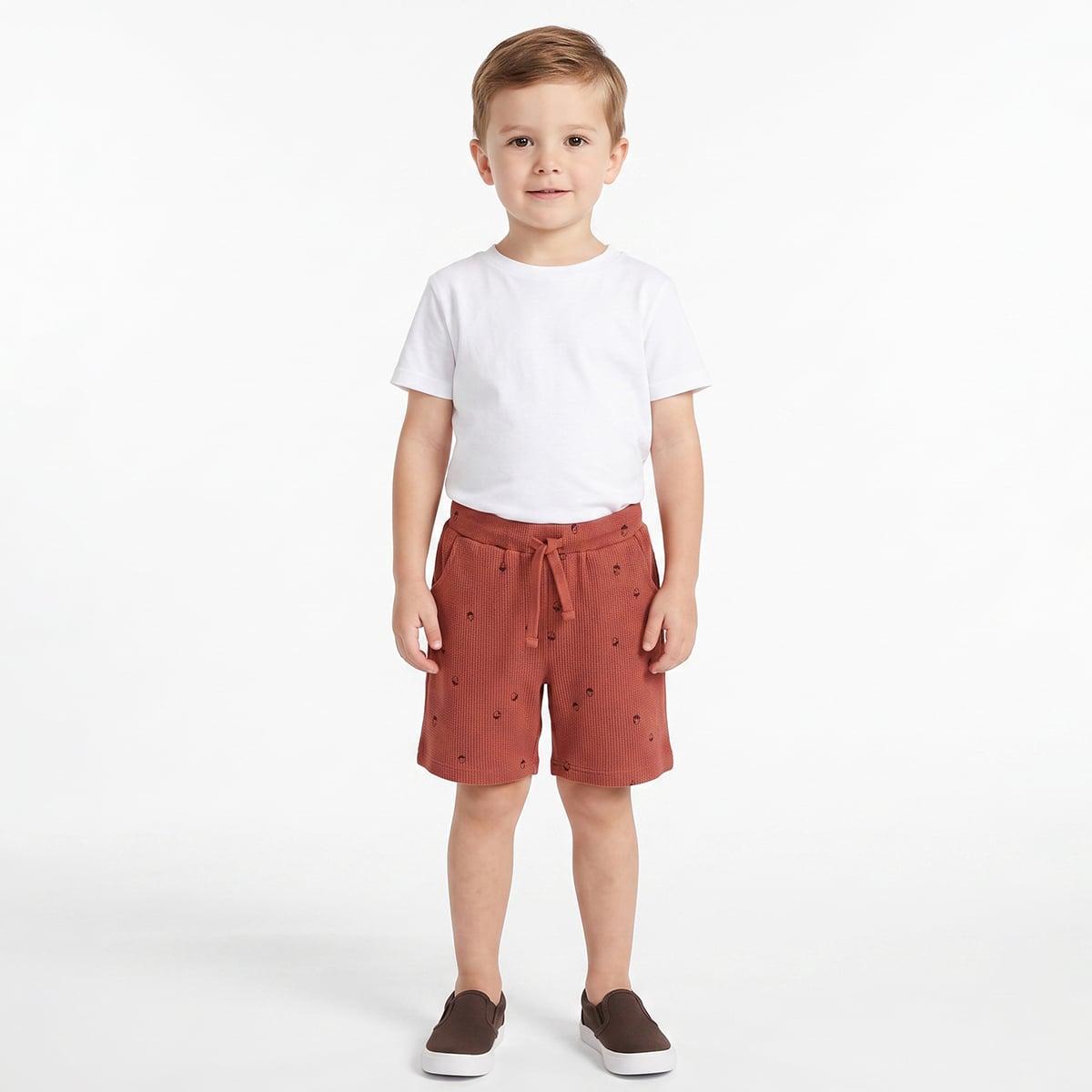 Baby Boys Rust Red Cotton Acorn Print Textured Shorts Regular Fit Casual Wear