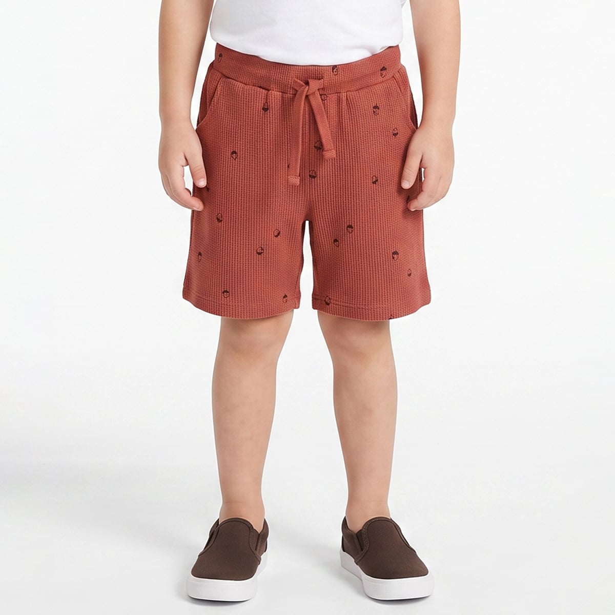 Baby Boys Rust Red Cotton Acorn Print Textured Shorts Regular Fit Casual Wear