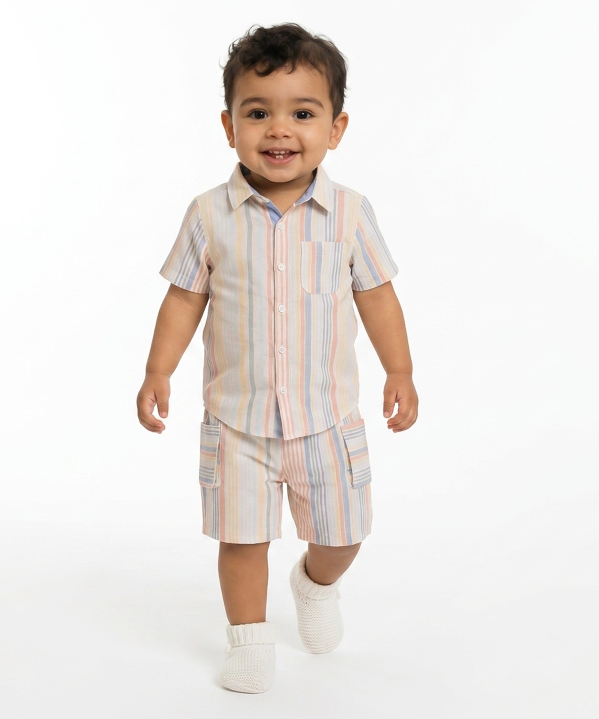Kids Boys Striped Shirt, Peach, Blue and Yellow
