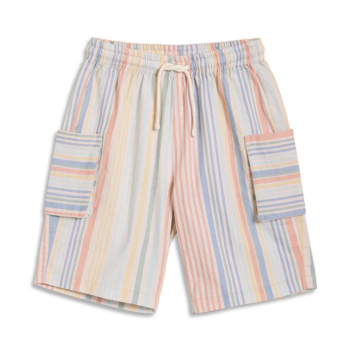 Baby Boys Striped Shorts with Cargo Pockets, Peach, Blue, Yellow, Green and White