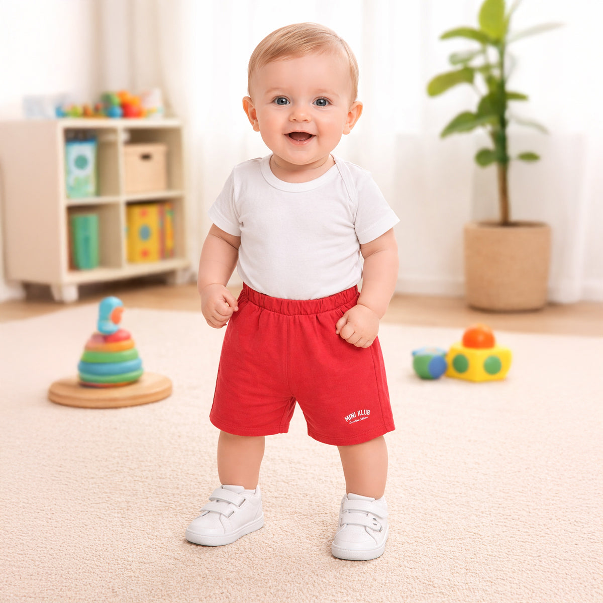 Boys Solid Knit Shorts with Elasticated Waist, Red