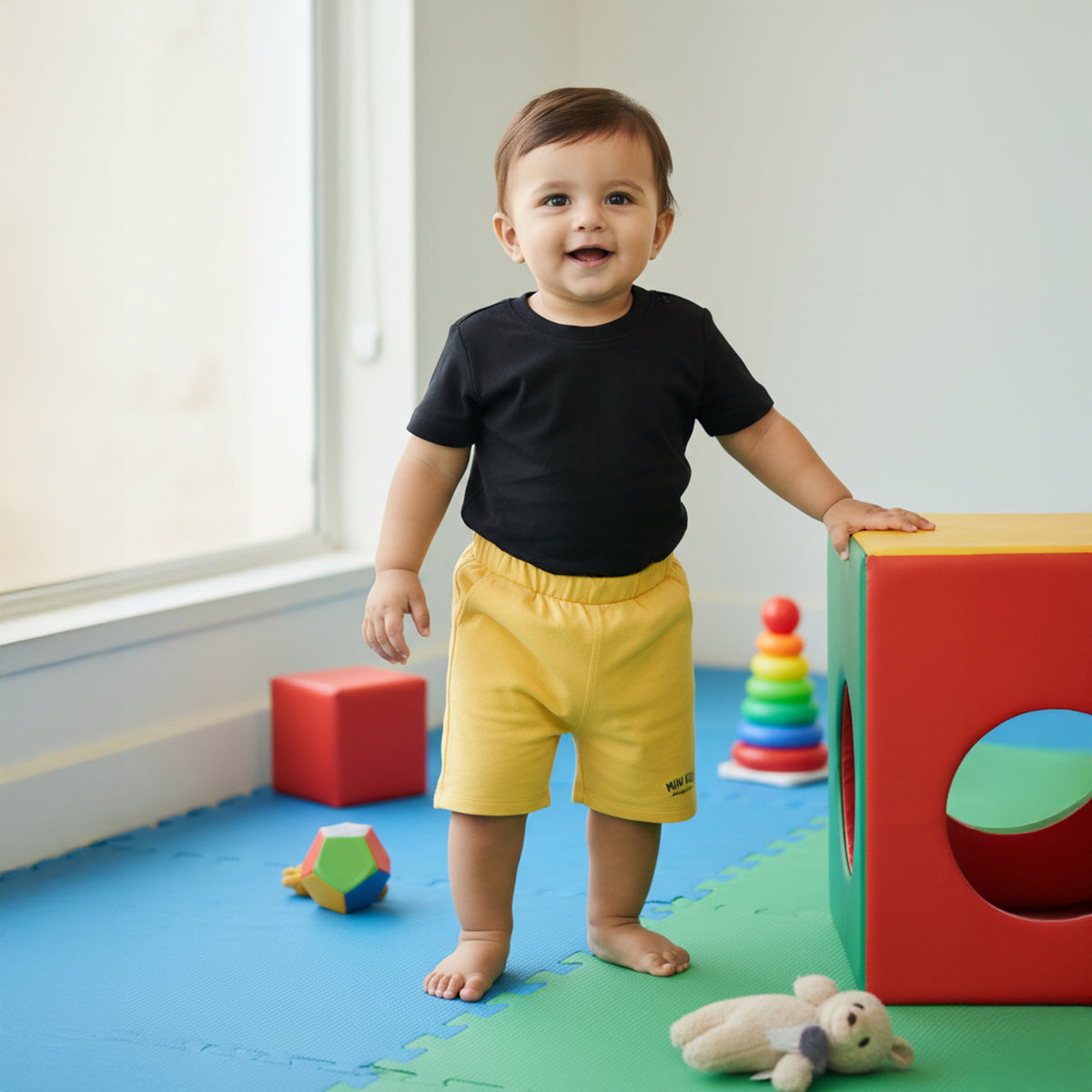 Boys Solid Knit Shorts with Elasticated Waist, Yellow