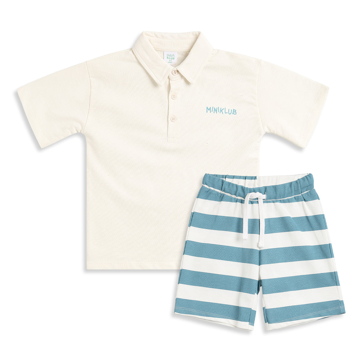 Baby Boys Cream Polo T-Shirt & Blue Striped Shorts Co-Ord Set Regular Fit Casual Outfit Set