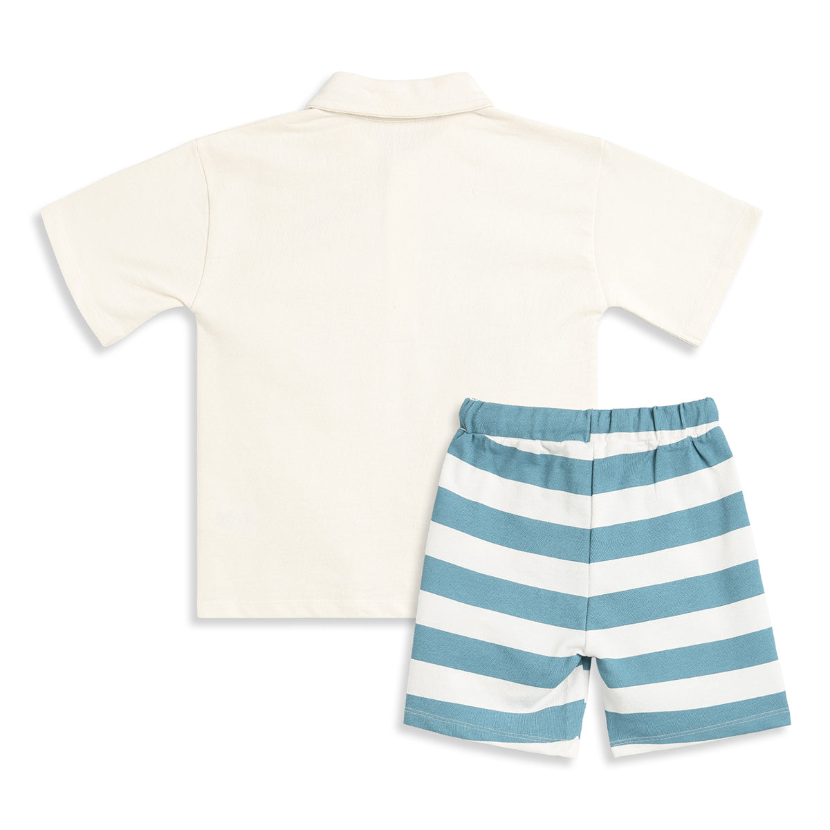 Baby Boys Cream Polo T-Shirt & Blue Striped Shorts Co-Ord Set Regular Fit Casual Outfit Set