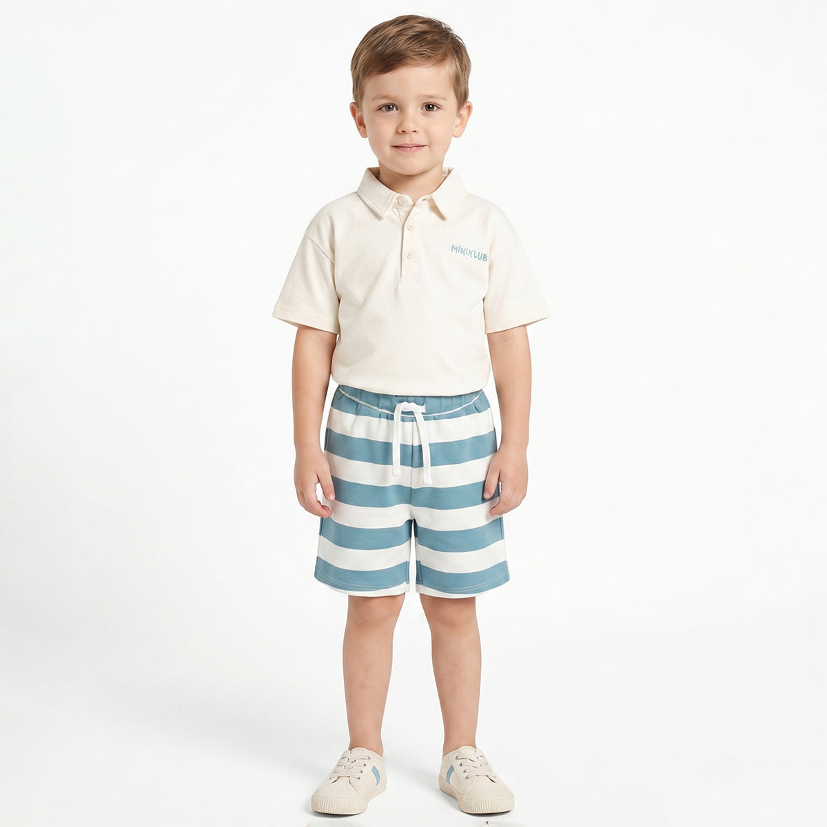 Baby Boys Cream Polo T-Shirt & Blue Striped Shorts Co-Ord Set Regular Fit Casual Outfit Set