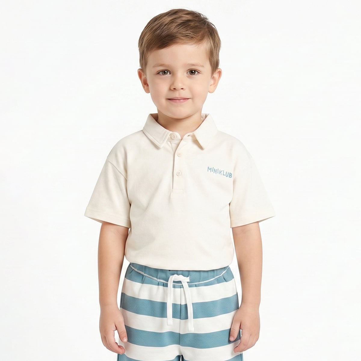 Baby Boys Cream Polo T-Shirt & Blue Striped Shorts Co-Ord Set Regular Fit Casual Outfit Set
