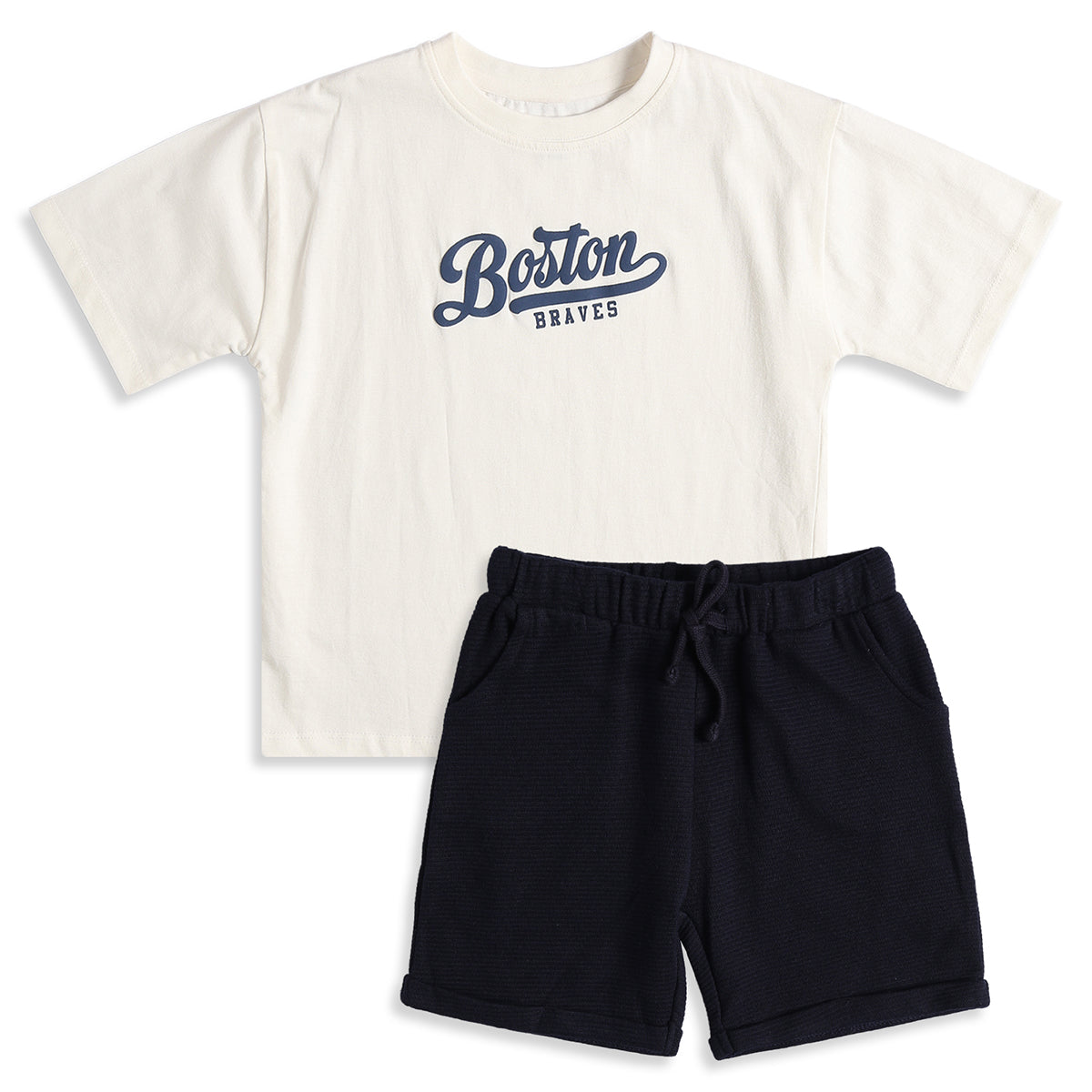 Baby Boys Off White Cotton T-Shirt and Navy Shorts Regular Fit Casual Co-Ord Set