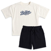 Baby Boys Off White Cotton T-Shirt and Navy Shorts Regular Fit Casual Co-Ord Set