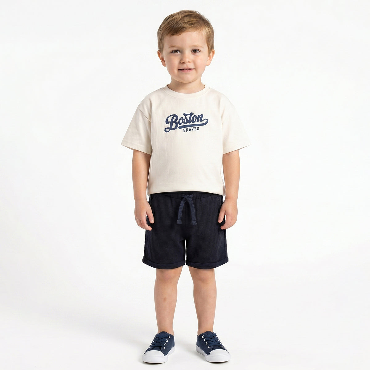 Baby Boys Off White Cotton T-Shirt and Navy Shorts Regular Fit Casual Co-Ord Set