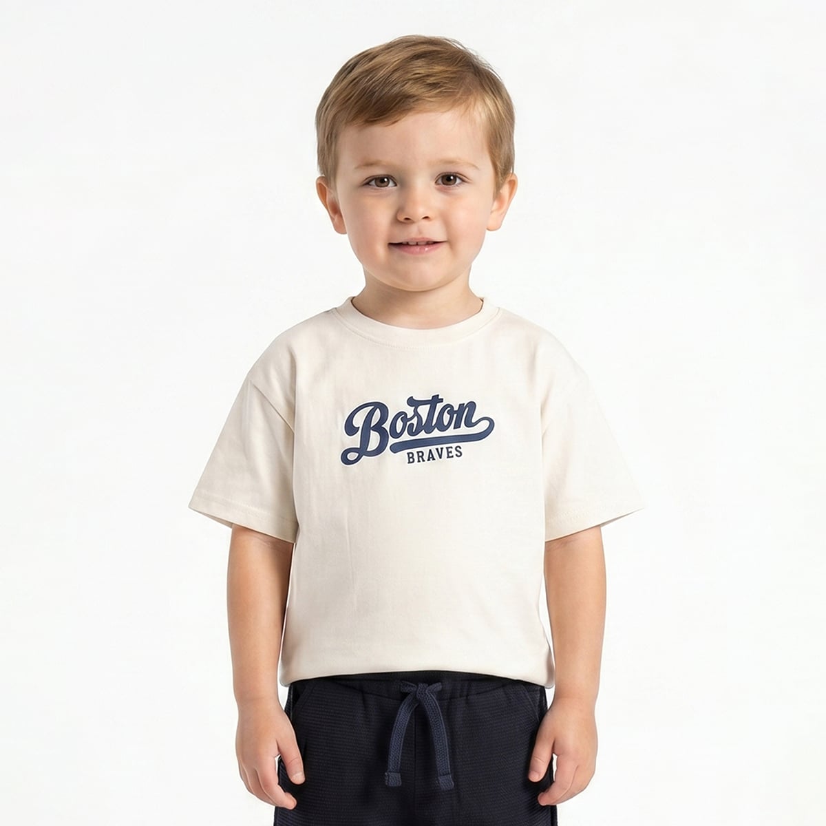 Baby Boys Off White Cotton T-Shirt and Navy Shorts Regular Fit Casual Co-Ord Set