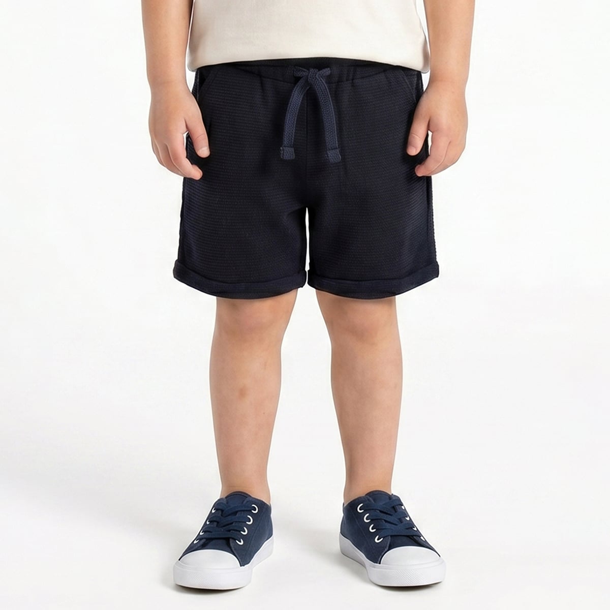 Baby Boys Off White Cotton T-Shirt and Navy Shorts Regular Fit Casual Co-Ord Set