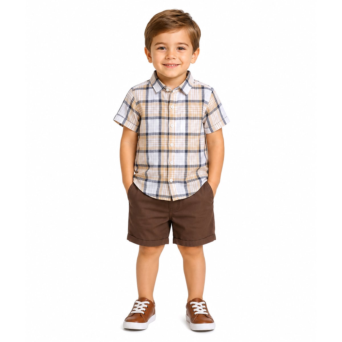 Kids Boys Yellow Checked Cotton Shirt and Shorts Co-ord Set