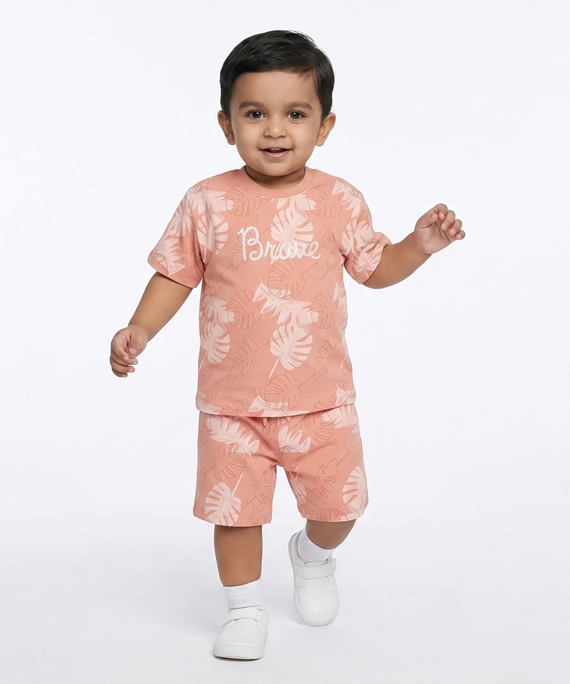 Boys Tropical Leaf Print T-Shirt and Shorts Set, Peach and White