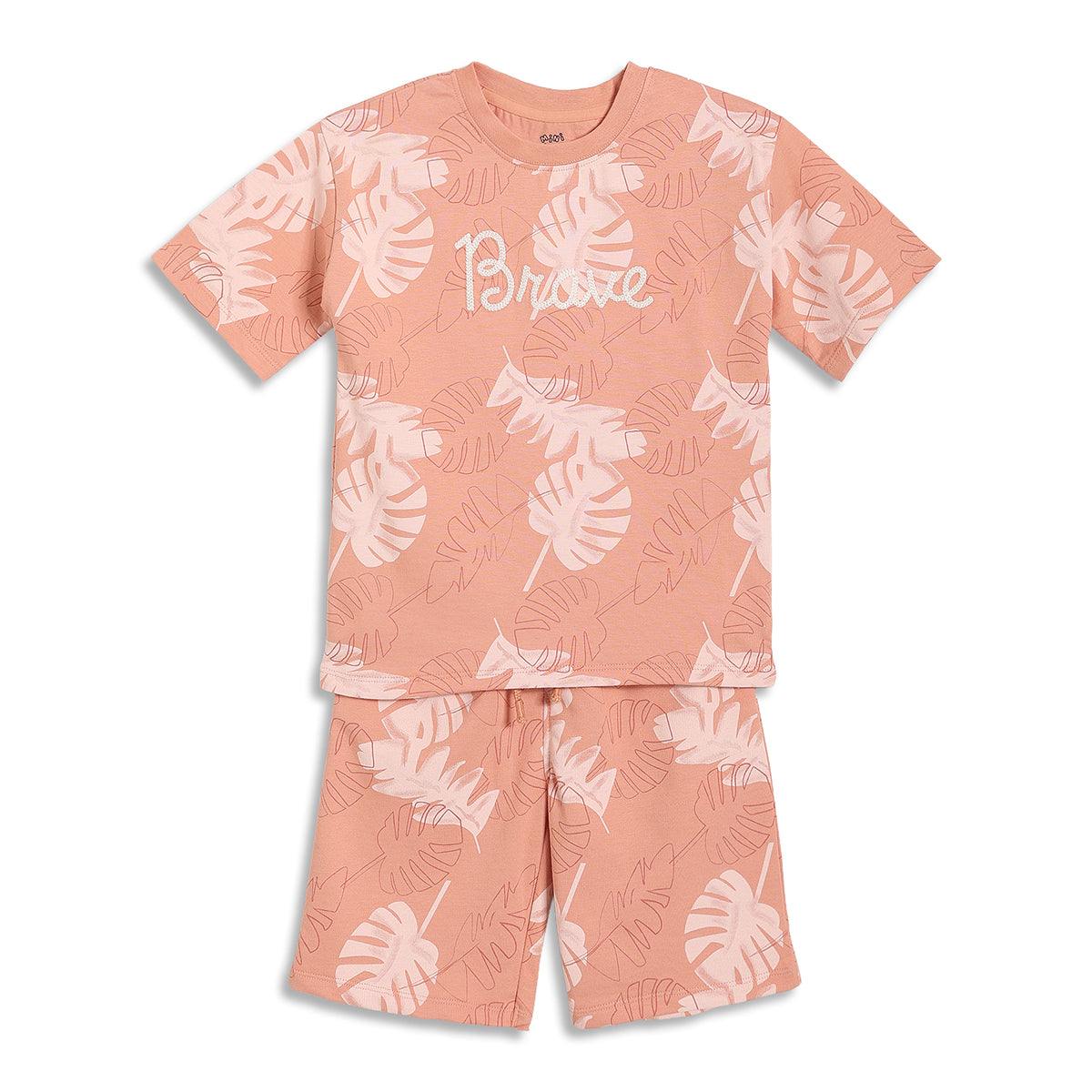 Boys Tropical Leaf Print T-Shirt and Shorts Set, Peach and White