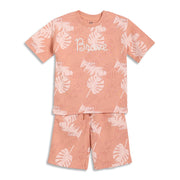 Boys Tropical Leaf Print T-Shirt and Shorts Set, Peach and White