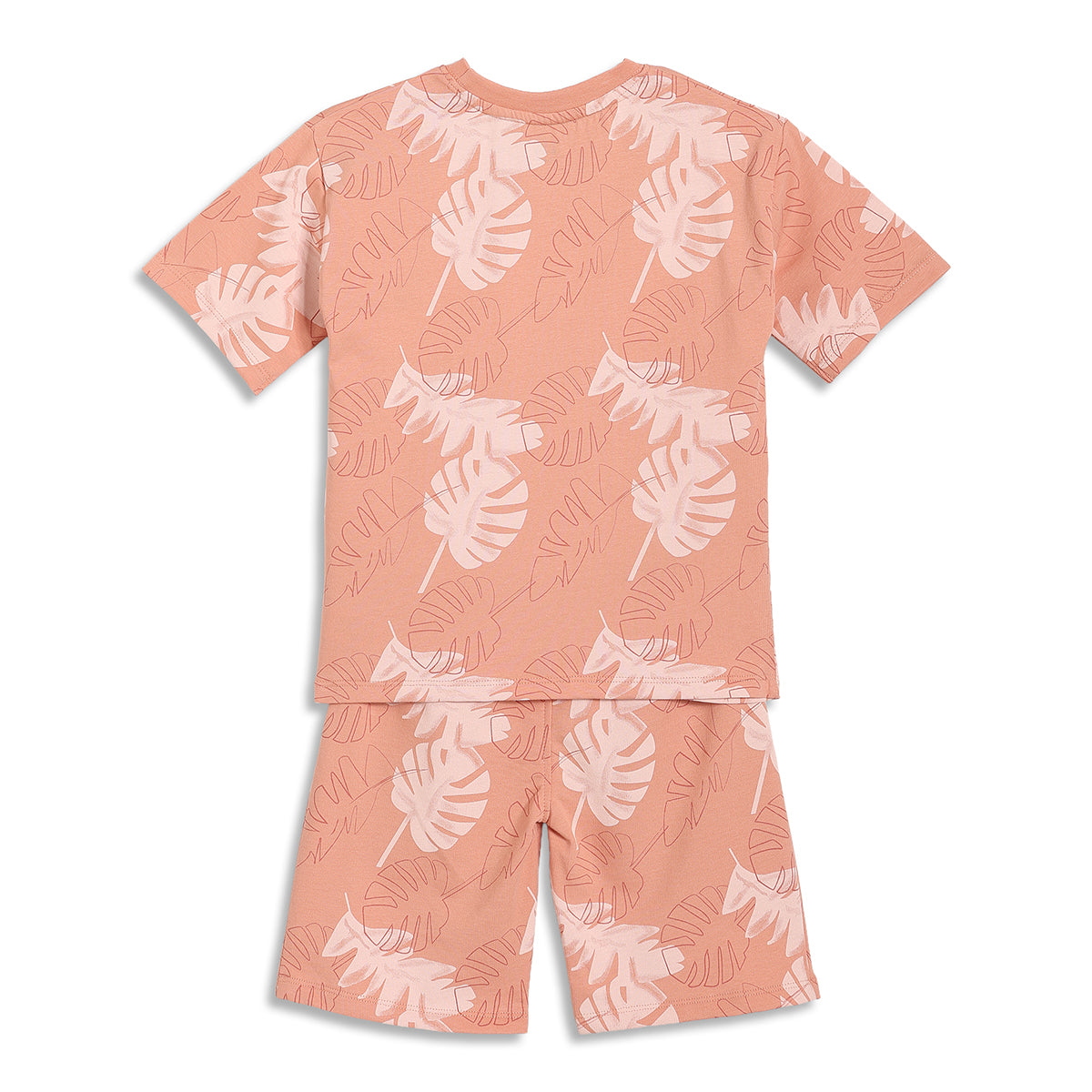 Boys Tropical Leaf Print T-Shirt and Shorts Set, Peach and White