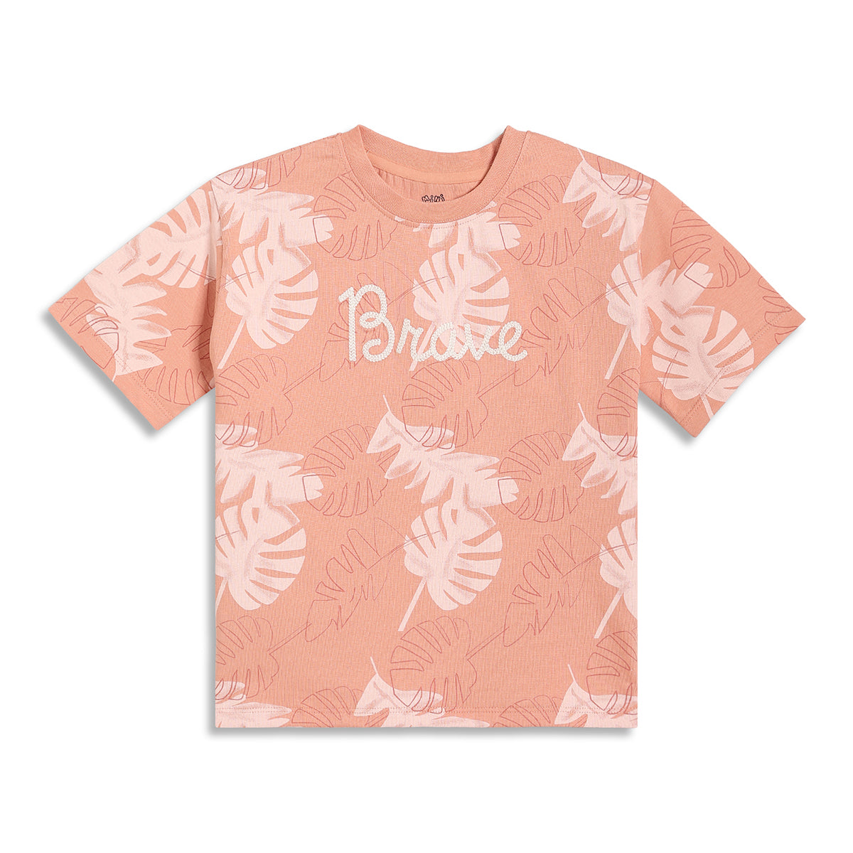 Boys Tropical Leaf Print T-Shirt and Shorts Set, Peach and White