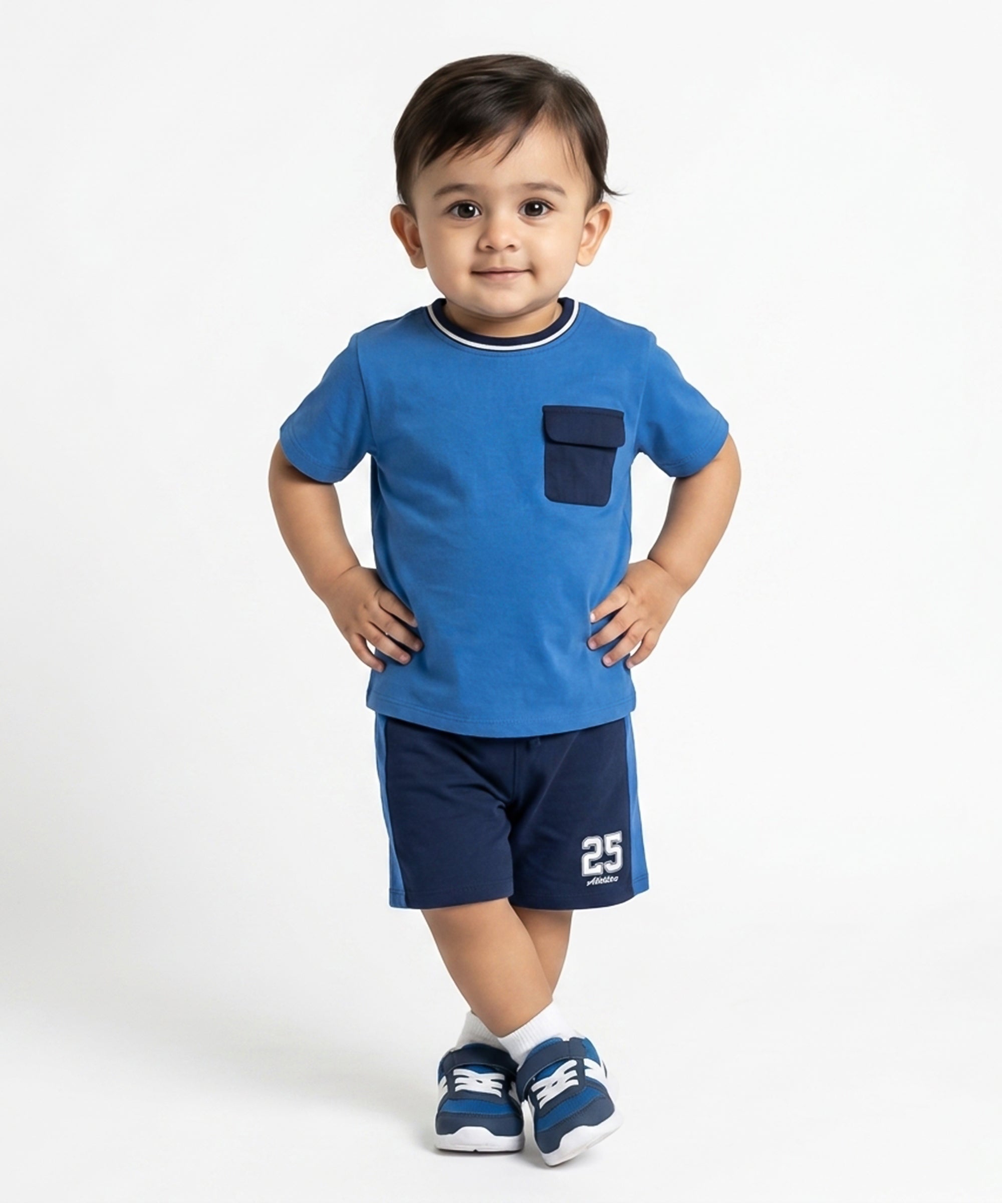 Boys Number Print T-Shirt and Shorts Set, Blue and Navy