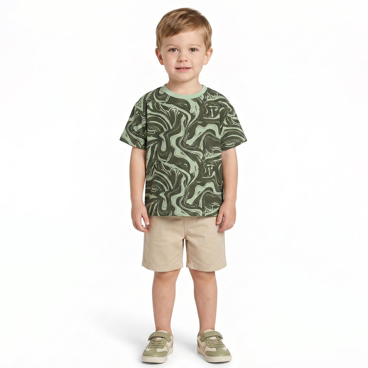 Boys Green Abstract Printed Cotton T-Shirt Regular Fit Casual Kids T-Shirt