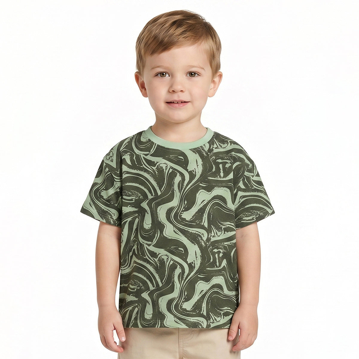 Boys Green Abstract Printed Cotton T-Shirt Regular Fit Casual Kids T-Shirt