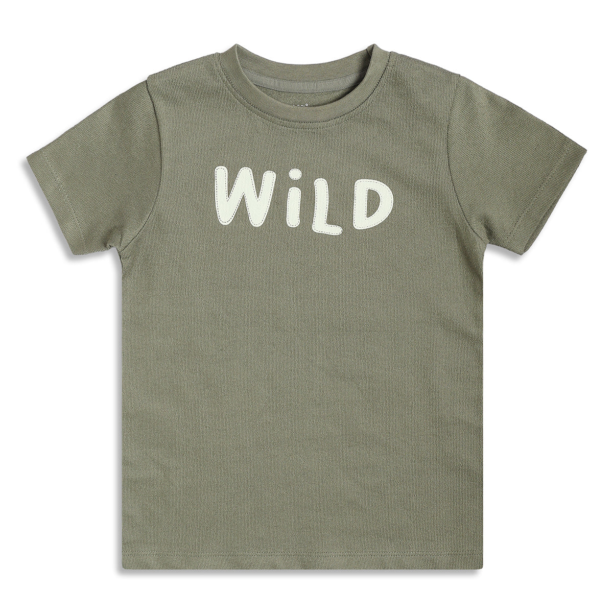 Boys Textured Half Sleeves T-Shirt With Typography Print, Olive Green