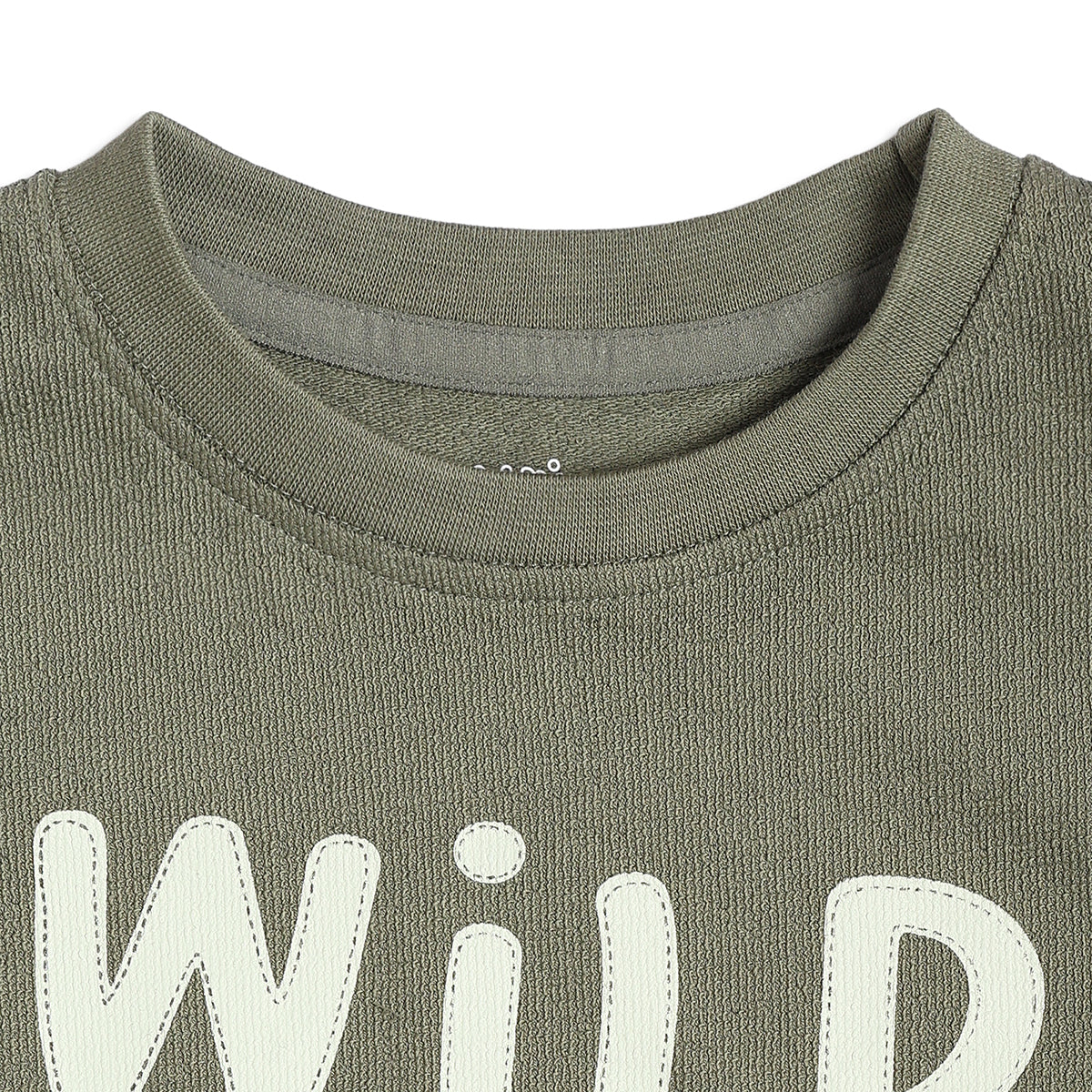 Boys Textured Half Sleeves T-Shirt With Typography Print, Olive Green