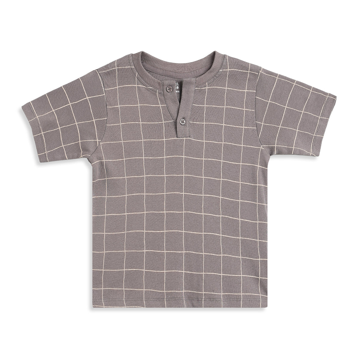 Boys Grey Checked Henley Neck T-Shirt Regular Fit Casual Cotton T-Shirt