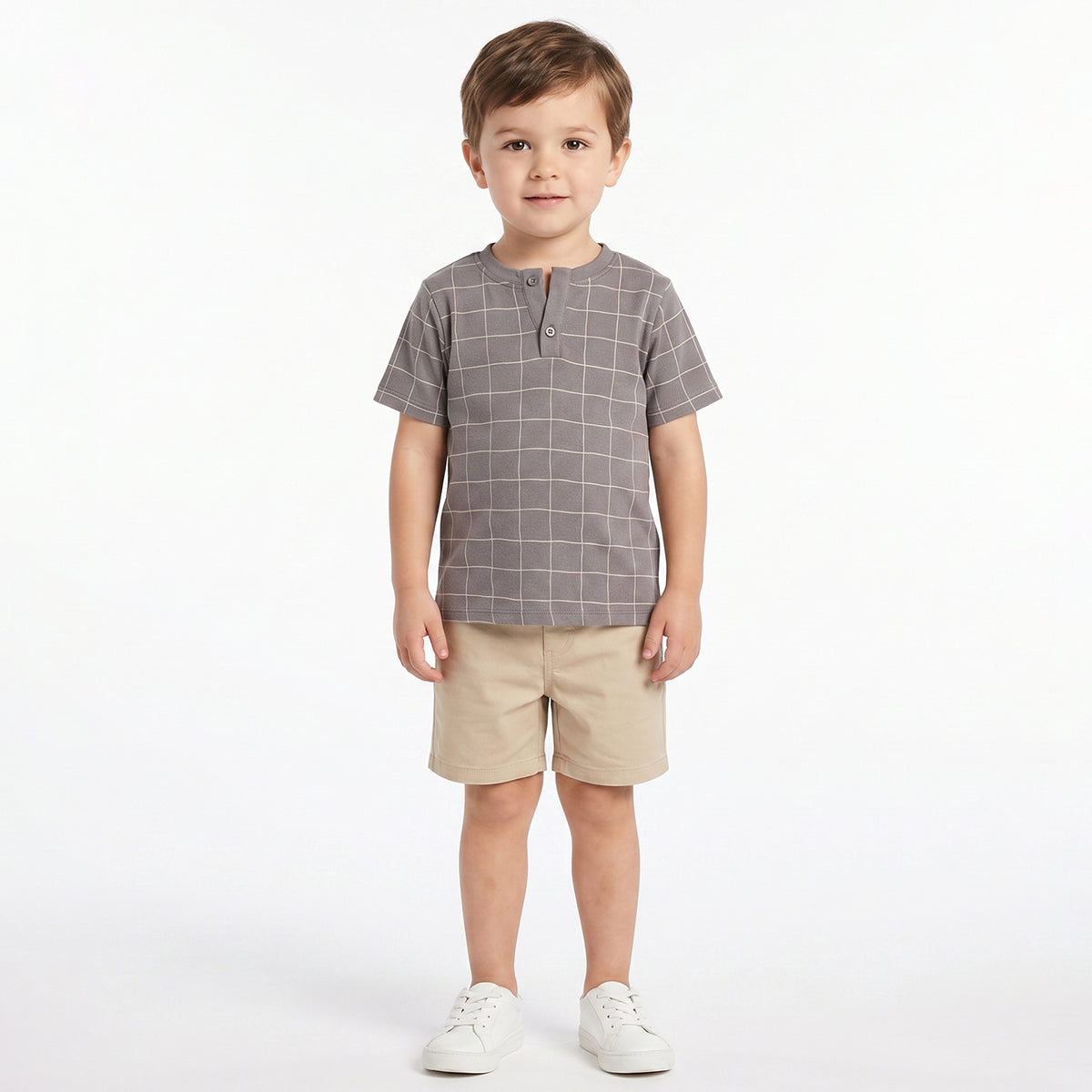 Boys Grey Checked Henley Neck T-Shirt Regular Fit Casual Cotton T-Shirt