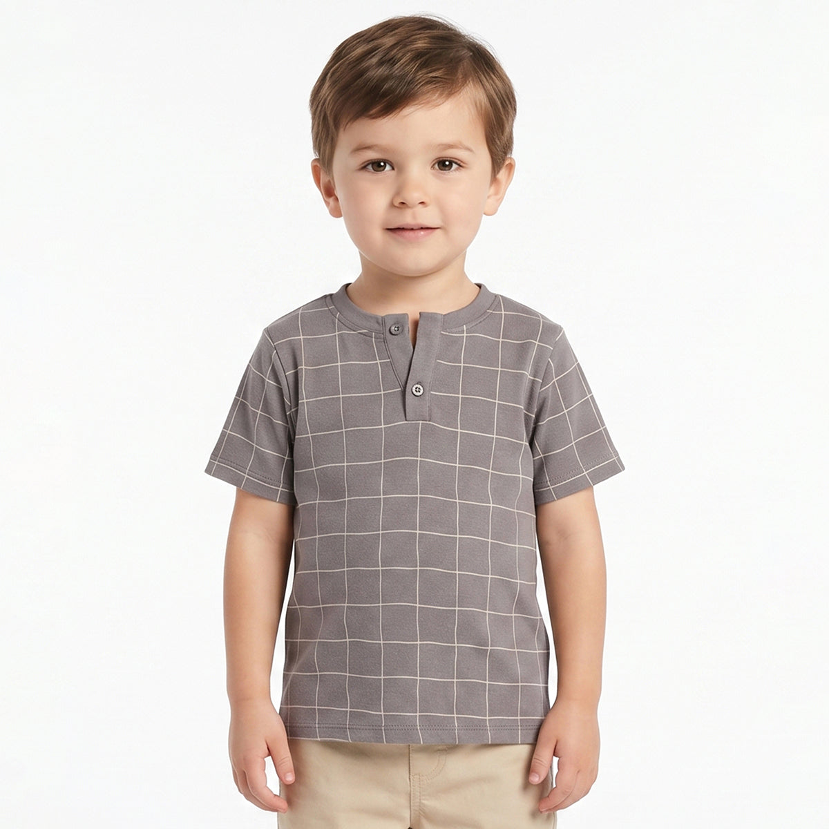 Boys Grey Checked Henley Neck T-Shirt Regular Fit Casual Cotton T-Shirt