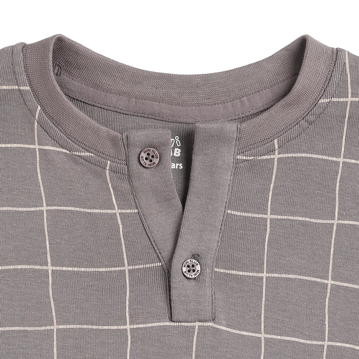 Boys Grey Checked Henley Neck T-Shirt Regular Fit Casual Cotton T-Shirt