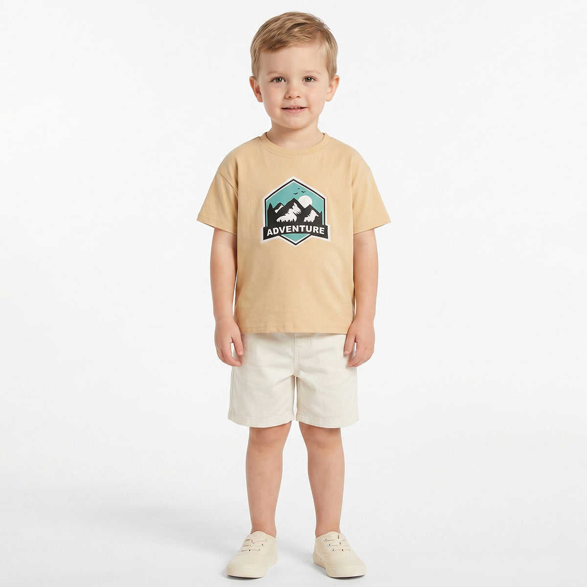Baby Boys Beige Adventure Graphic T-Shirt Regular Fit Casual Kids T-Shirt