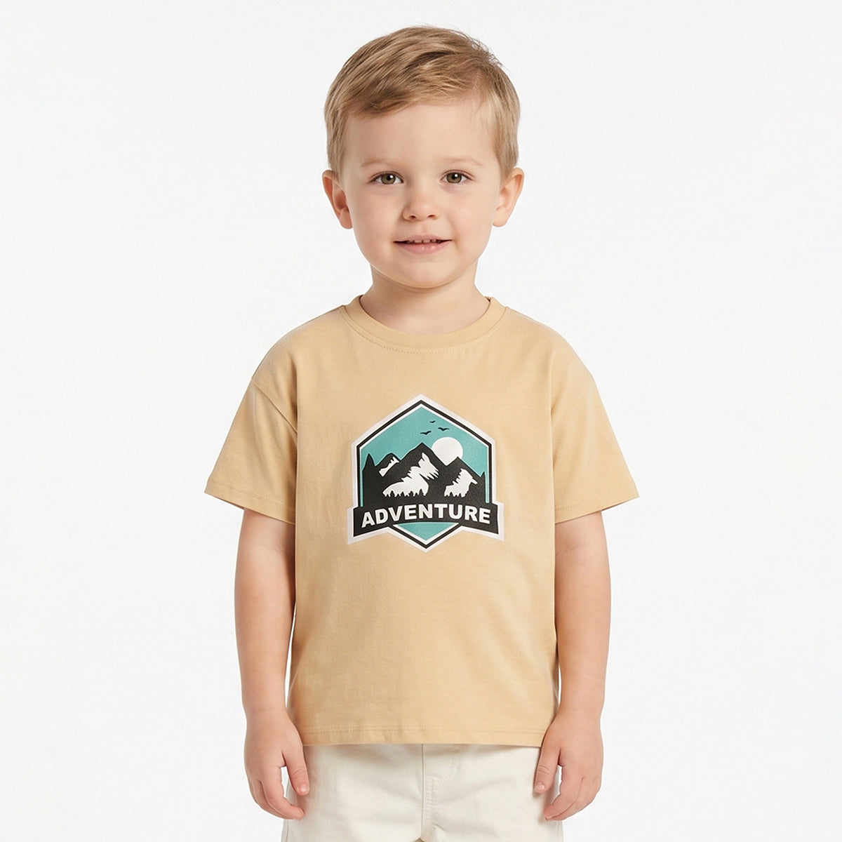 Baby Boys Beige Adventure Graphic T-Shirt Regular Fit Casual Kids T-Shirt