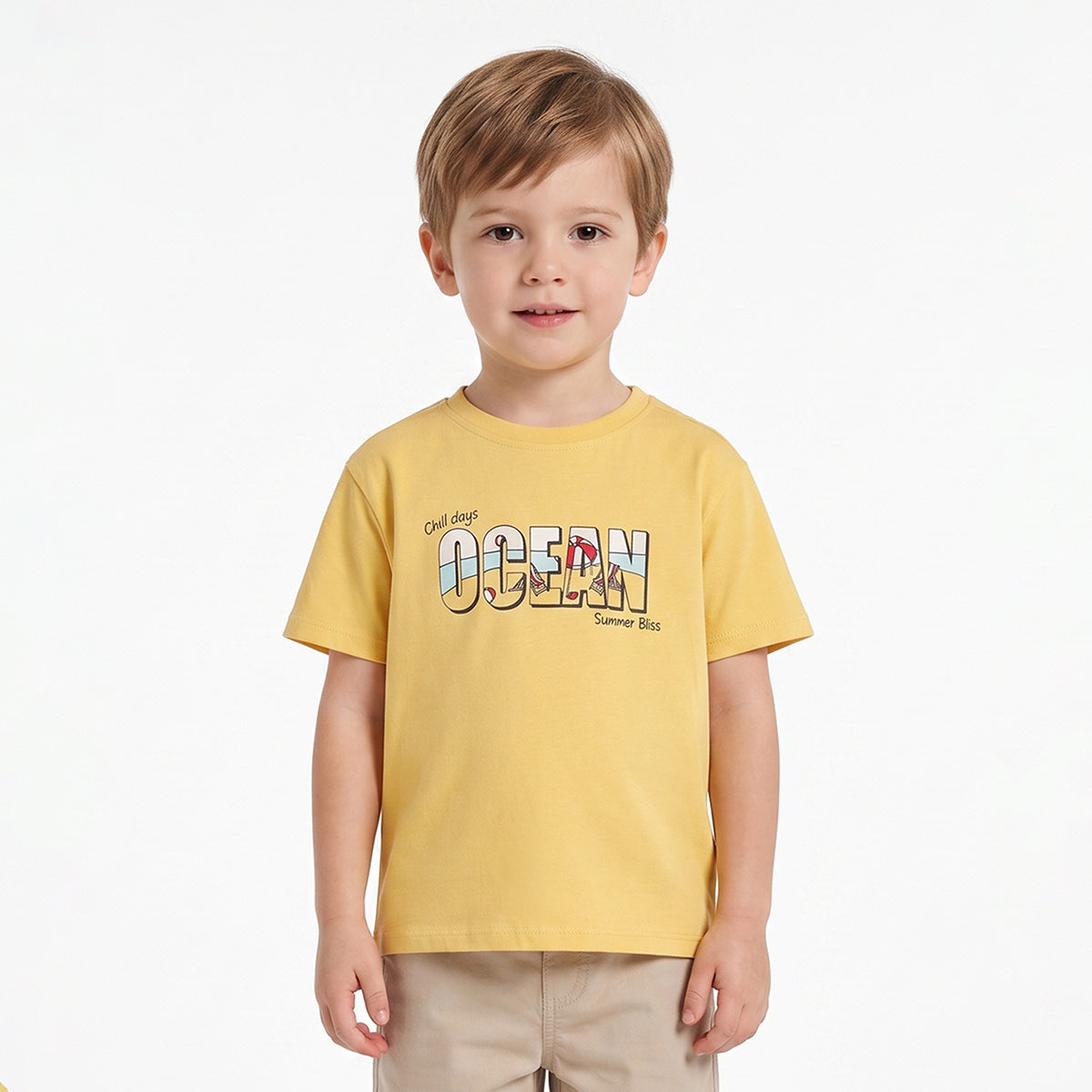 Baby Boys Yellow Cotton Printed T-Shirt Regular Fit Casual Wear