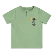 Baby Boys Green Cotton Palm Tree Graphic Print Henley T-Shirt Regular Fit Casual Wear