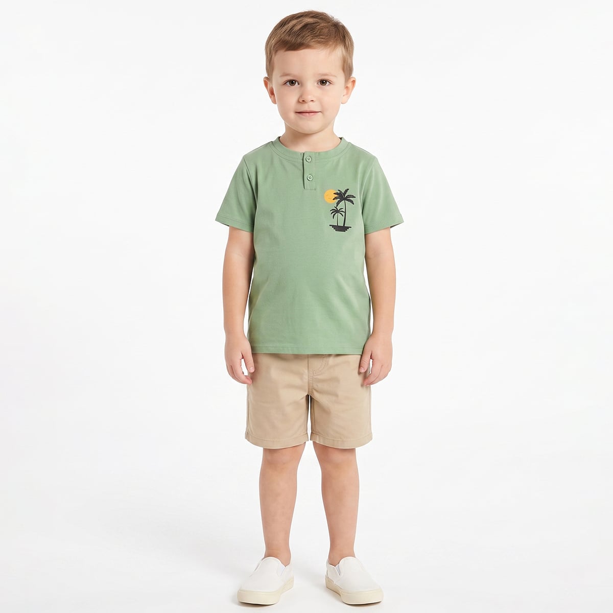 Baby Boys Green Cotton Palm Tree Graphic Print Henley T-Shirt Regular Fit Casual Wear