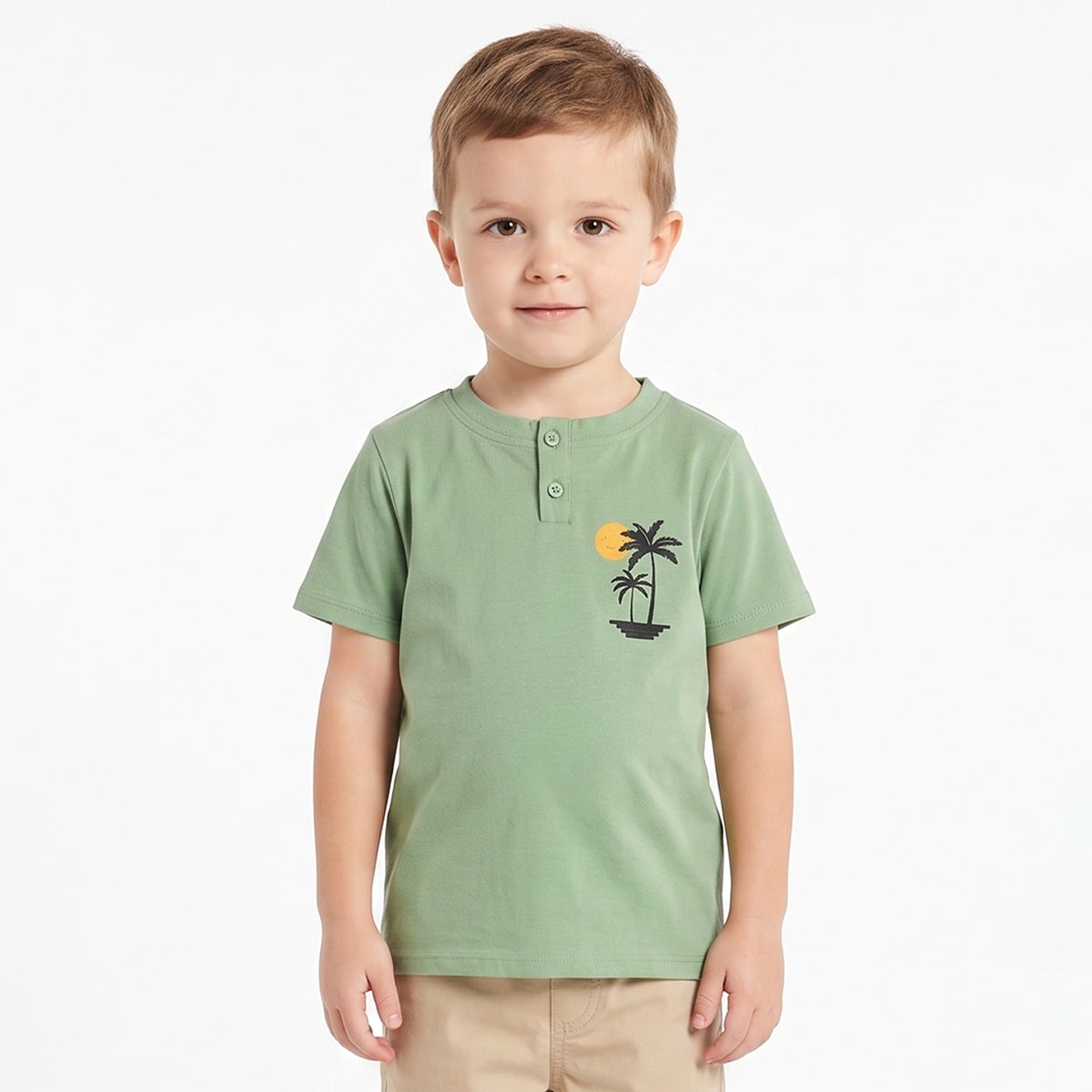 Baby Boys Green Cotton Palm Tree Graphic Print Henley T-Shirt Regular Fit Casual Wear