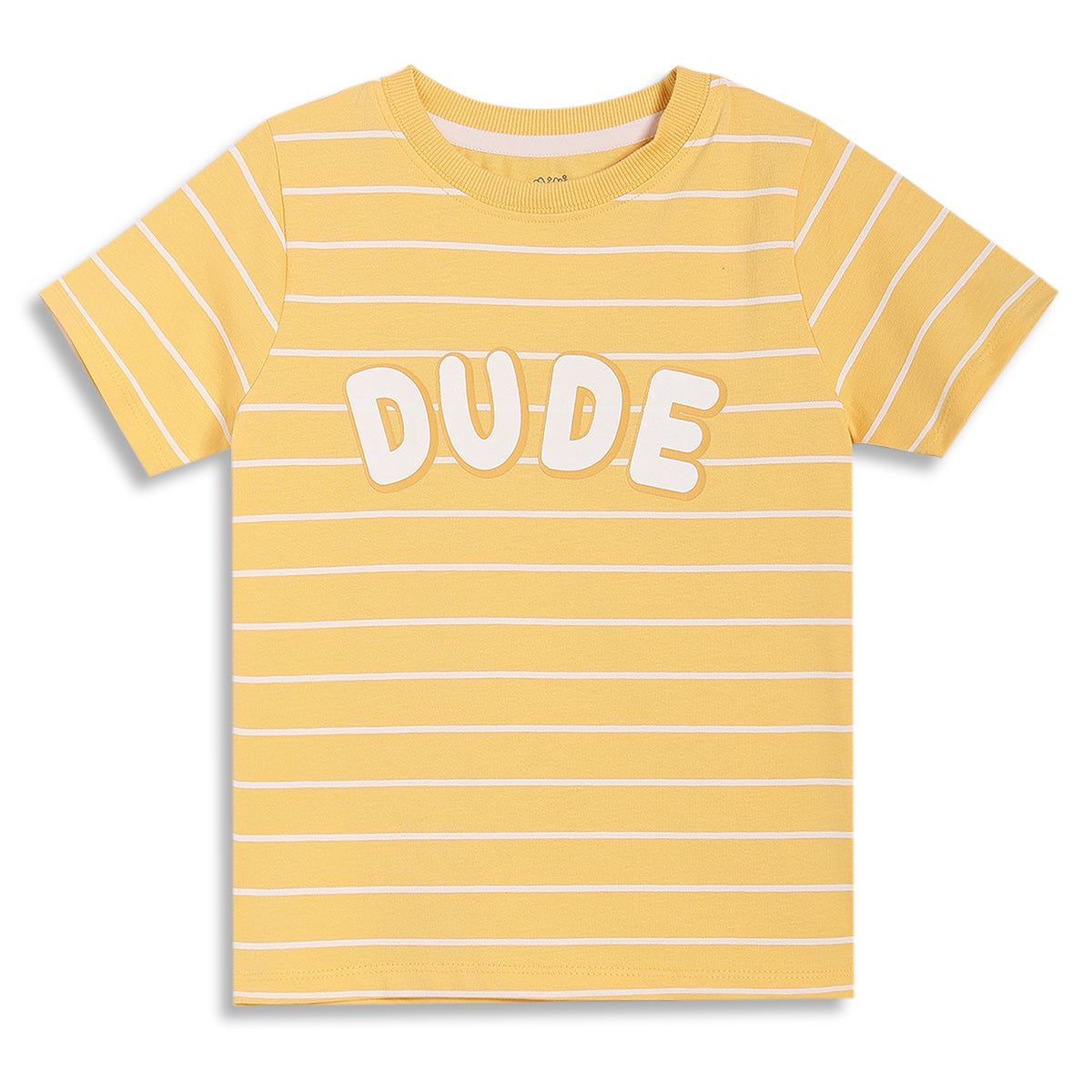 Boys Striped Knit T-Shirt with “Dude” Placement Print, Yellow