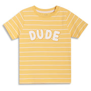 Boys Striped Knit T-Shirt with “Dude” Placement Print, Yellow
