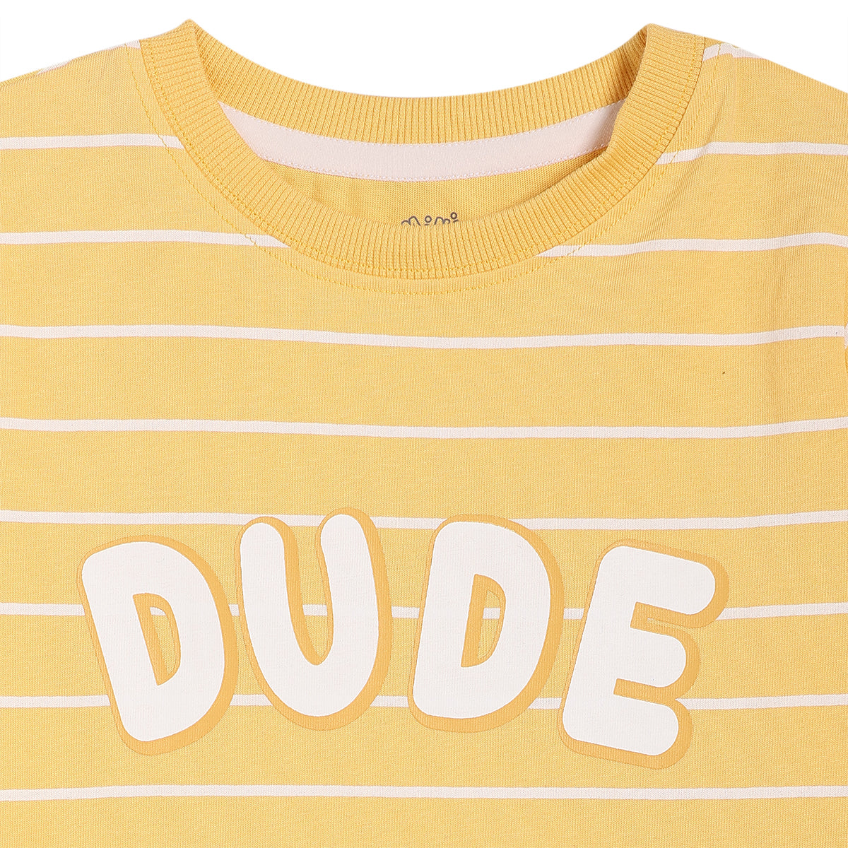 Boys Striped Knit T-Shirt with “Dude” Placement Print, Yellow