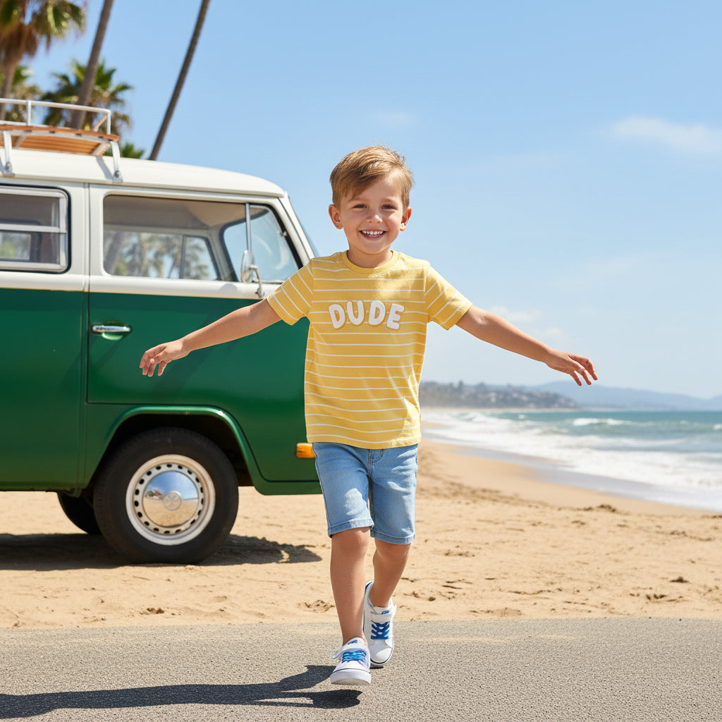 Boys Striped Knit T-Shirt with “Dude” Placement Print, Yellow