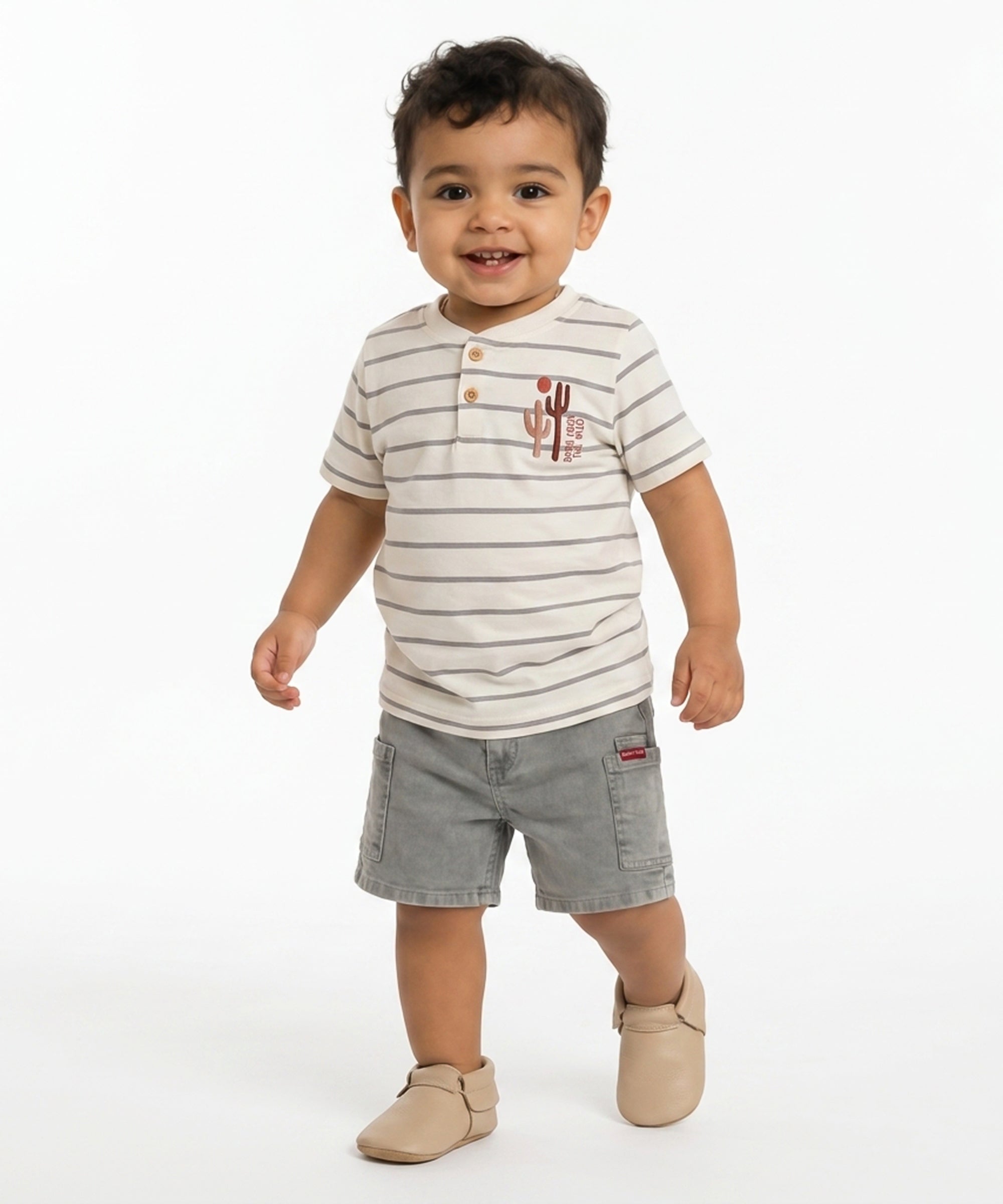 Boys Striped Henley Neck T-Shirt with Cactus Embroidery, Off White