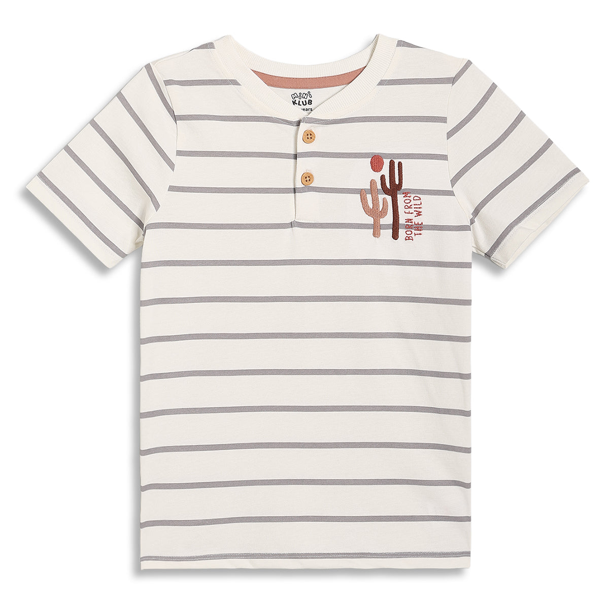 Boys Striped Henley Neck T-Shirt with Cactus Embroidery, Off White
