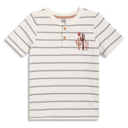 Boys Striped Henley Neck T-Shirt with Cactus Embroidery, Off White