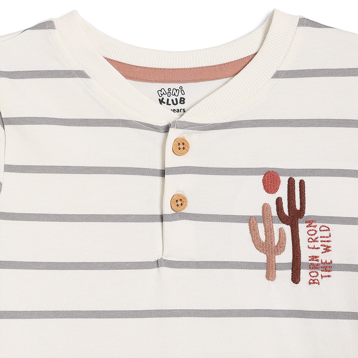 Boys Striped Henley Neck T-Shirt with Cactus Embroidery, Off White