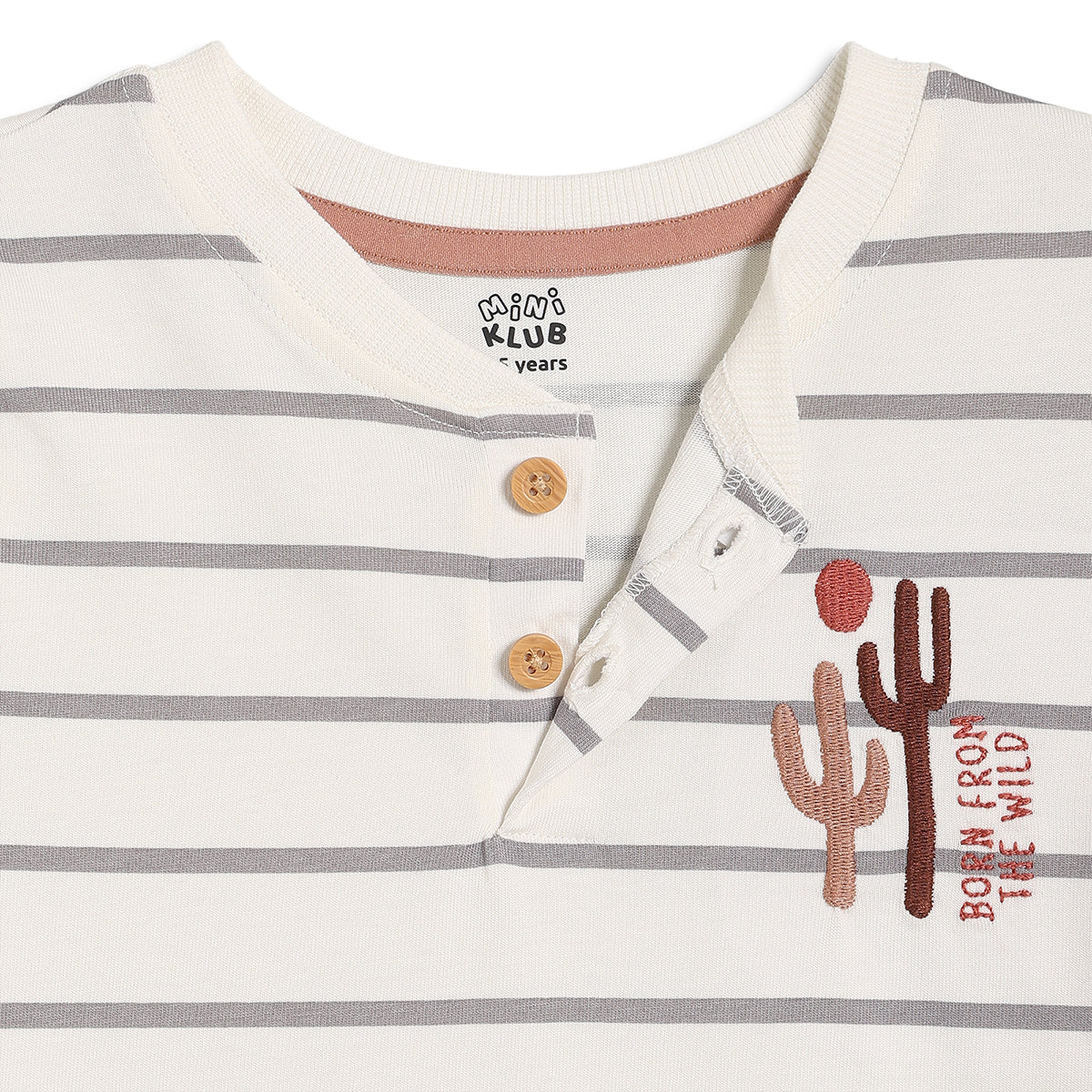 Boys Striped Henley Neck T-Shirt with Cactus Embroidery, Off White